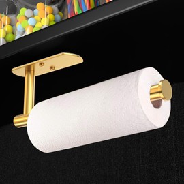 VAEHOLD Self Adhesive Paper Towel Holder Under Cabinet Mount, Wall Mounted Paper Towel Roll Holder for Kitchen, Bathroom, Wall - SUS304 Stainless Steel (Gold)