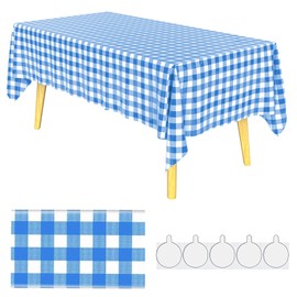 KAshack [with Stickers Blue White Gingham Plastic Table Cloth Disposable 108” x 54”Rectangle Tablecloth for Happy Birthday,Party,Baby Shower,Table Covers Parties Decoration Supplies-1 Pack