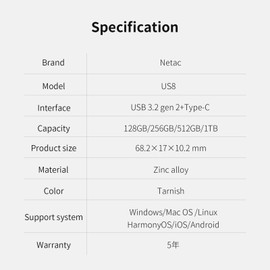 Netac 128GB Portable External USB Solid State Drive Type-c and USB 3.2 Dual Interface, up to 550MB/s Security Protection for Data Storage, Expansion of Storage for Photos/Videos/Music/Files, US8