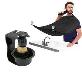 Men's Beard Shaving Cape, 4 Counts/set Beard Care Cleansing Tools, Beard Shaving Cape & Shaving Brush Stand Holder Bowl Set for Home and Salon