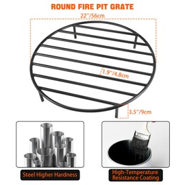onlyfire Heavy Duty Round Fire Pit Grate 22 Inch - Steel Log Grate with High-Temp Coating & Removable Legs, 3.5" Tall Wood Burning Grate for Outdoor Fireplace, Camping, BBQ