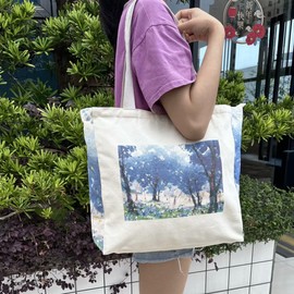 BROADREAM Jute Bag, Printed Vintage, Jute Bag, Shopping Bag, Canvas Tote Bag, Aesthetic Vintage Bags, Large Shoulder Bag, Fabric Bags for Women, Uni Work, Jacaranda., jacaranda
