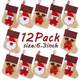 OurWarm 12PCS Mini Christmas Stockings, 3D Small Christmas Stocking Bulk Burlap Cutlery Holders Tableware Bags, Santa Snowman Reindeer Christmas Stockings for Xmas Party Table Decorations