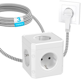 HITRENDS Steckdosenw1rfel mit Flachstecker, 5 in 1 Mehrfachsteckdose Cube (250V/16A), 5 Fach Steckdosenleiste, Mehrfachstecker Steckdose Steckdosenverteiler mit 3M Geflochtenem Kabel f1r B1ro, Zuhause, Wei?
