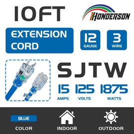 HONDERSON 10FT 12/3 Lighted Outdoor Extension Cord - 12 Gauge 3 Prong SJTW Heavy Duty Blue Extension Cable with 3 Prong Grounded Plug for Safety,UL Listed