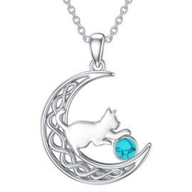 LONAGO Cat Necklace 925 Sterling Silver Birthstone with Cat in Moon Pendant Necklace Jewellery for Women, Sterling Silver, Created,Turquoise
