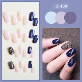 Medium Press on Nails Square Blue, 24Pcs Coffin Fake Nails Acrylic Nails Press on Glossy Glue on Nails with Rhinestone Designs False Nails with Charms Artificial Nails for Women Girls