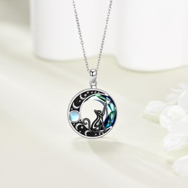 JERWLI Cat Necklace with Moon 925 Sterling Silver Cat Crystal Necklace Moonstone Jewelry Christmas Valentine's Day Gifts for Women