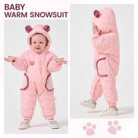 JiAmy Baby Snowsuit Winter Romper Hooded Boys Girls Jumpsuit Bear Thick Windproof Infant Newborn Clothes 9-12 Months Pink