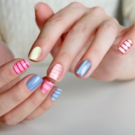 SEMINCA Semi Cured Gel Nail Strips-Reusable Press on Nails Short,Striped Candy Color Fake Nails, Strong Gel Adhesive for Long Lasting Wear, Easy DIY Manicure Kit for Busy Moms (Festival Beacon)