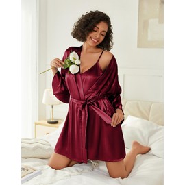Ekouaer Women's Silk Robe Set V-neck 2 Piece Bridal Party Robes and Satin Bathrobe Set with Pockets (Wine Red, X-Large)
