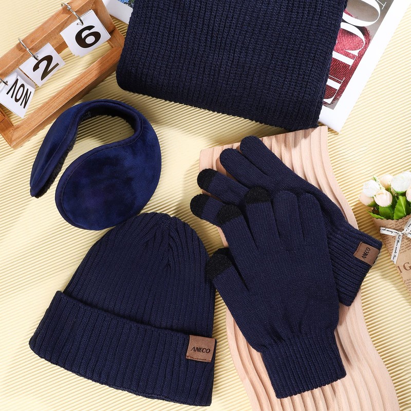 Aneco Juego de gorro de invierno para hombre, 4 piezas,