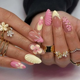 Summer Press on Nails Medium Length Fake Nails 3D Hand-Draw Flowers False Nails French Tip Full Cover Almond Nails Gradient Floral Petal Designs Acrylic Nails Glossy Pink Glue on Nails