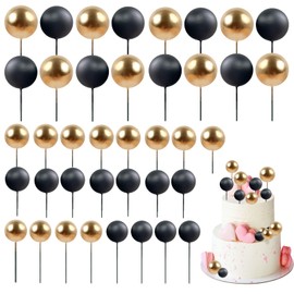 Keaziu Paquete de 36 adornos para magdalenas, bolas de perlas para tartas, decoración para tartas, bola de espuma, palillos para cupcakes, mini globo para boda, baby shower, aniversario, fiesta de cumpleaños, suministros dorado y negro