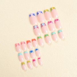 IMSOHOT Square Short Press on Nails Colorful French Fake Nails Tips Glossy Glue on Nails Summer Acrylic Gel False Nails Full Cover Squoval Artificial Nails for Women 24Pcs