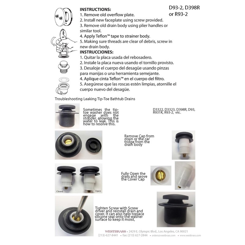 Westbrass A93K-62 Universal Fine or Coarse Thread Replacement Bathtub Tip-Toe