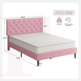 Full Size Bed Frame with Button Tufted Headboard, Linen Upholstered Platform Bed with Wooden Slats Support, Easy Assembly, No Box Spring Required, Pink