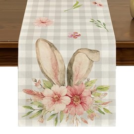 Easter Bunny Rabbit Ears Flower Table Runner 13x72 Inch Spring Seasonal Buffalo Plaid Kitchen Dining Table Decor for Indoor Outdoor Farmhouse Home Party Decoration ZQ103