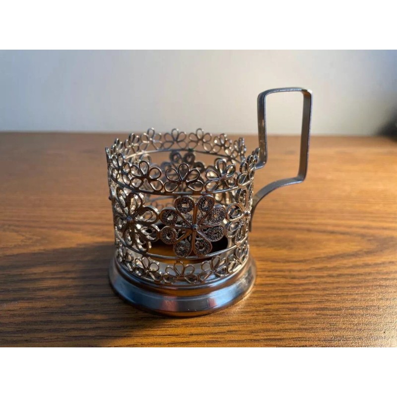 Vintage Russian Melchior Silver Plated Filigree Tea Glass Holder Podstakannik