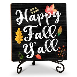 Fall Quote Desk Decor, Thanksgiving Gifts for Women Family Friends Coworkers, Autumn Pumpkin Sign for Farmhouse Home Office Living Room, Happy Fall Y'all Wood Plaque With Iron Stand -35