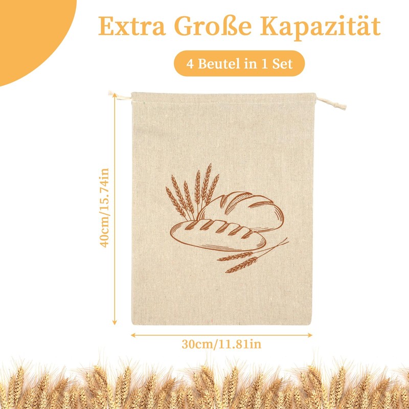 4 sacchetti per pane in lino, con coulisse, 30 x