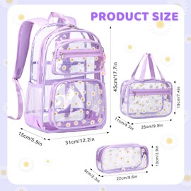 ACESAK Clear Backpack for Girls - 3 Pcs Clear Backpack Heavy Duty with Lunch Bag - See Through Backpack Clear Bookbag Stadium Approved for Kids Middle High College School Sport Travel (Purple Daisy)