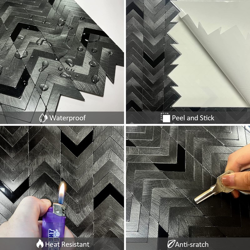 Black Peel and Stick Backsplash Herringbone Tile, Self-Adhesive Aluminum Metal