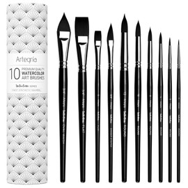 ARTEGRIA Watercolor Brush Set, 10 Professional Soft Synthetic Squirrel Paint Brushes, Including Pointed Rounds, Flats, Dagger, Oval Wash