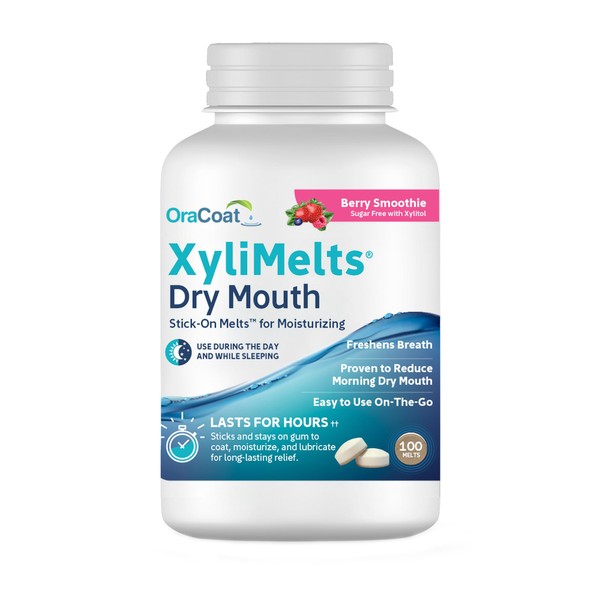 OraCoat XyliMelts Dry Mouth Relief Moisturizing Stick-On Melts Berry Smoothie with Xylitol, For Dry Mouth, Stimulates Saliva, Non-Acidic, Day and Night Use, Time Release for up to 8 Hours, 100 Count