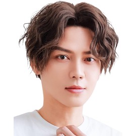 TefuRe MEN-007Lt Men's Wig, Wig, Rough, Casual Style, Perm, Center Part Short Perm, Brown, Latte