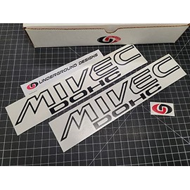 MIVEC Decals (2pk) Racing Stickers 12" fits Mitsubishi Lancer Evolution EVO Galant VR-4 V6 Carisma Select Color & DOHC SOHC or Turbo: (DOHC, Gloss Black)