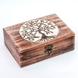 Antique Handmade Wooden Urn Tree of Life Engraving Handcarved Jewellery Box for Women-Men Jewel | Home Decor Accents | Decorative Boxes | Storage & Organiser (7" x 5.5" x 3.5", Tree - 3 White)
