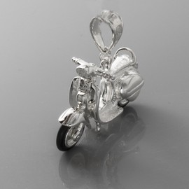 925 Sterling Silver Novelty Necklace Charm Pendant with Chain, 3-D Vespa with Rubber Tires
