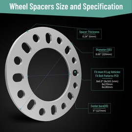 QIAOAUTOCC 4PCS Universal Wheel Spacers 1/4 Inch (6mm) for 8 Lug Wheel Spacers Vehicles 8x6.5, 8x165.1, 8x170, 8x180 Compatible with F250 E350 Ram 2500 3500 Express Suburban 2500 Sierra 2500HD 3500HD