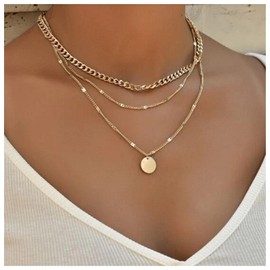 Dervivea Boho Layered Coin Disc Choker Necklace Disc Pendant Necklace Gold Curb Chain Necklace Vintage Multilayer Necklace Chain Jewelry for Women and Girls