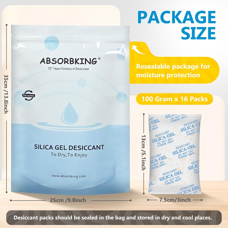 Moisture Absorbers – 100 Gram 16 Packs Silica Gel Packets