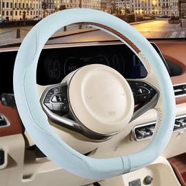Binsheo 14 inch D Shaped Steering Wheel Cover for Prius Civic, Nappa Microfiber Leather Non-Slip Breathable Fabric, Warm in Winter and Cool in Summer, Blue(14-14.25inch)