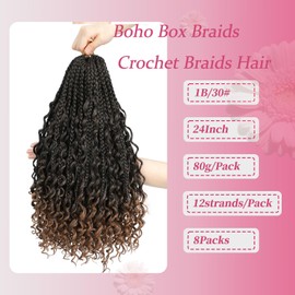 Goddess Box Braids Crochet Hair Pre Looped Boho Box Braids Braiding Hair Curly Ends Bohomian Crochet Box Braids (T/30#, 24 inch)