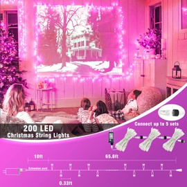 200 LED Pink String Lights, 66ft Pink Christmas Lights Outdoor Waterproof 8 Modes Clear Wire, Connectable Plug in Twinkle Fairy Lights for Bedroom Indoor Wedding Valentines Christmas Decorations