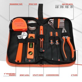 Auto Dynasty 16 Pcs Household Auto Repair Hand Tool Kit Set with Allen Keys Screwdrivers Tool Set Tap Measure Adjustable Wrench Utility Knife for Home Garage Warehouse Repair, Orange
