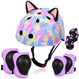 Kids Helmet, Bike Helmets for Kids 8-14 with Knee Pads and Elbow Pads Wrist Guards, Adjustable Youth Girls Bike Helmet with DIY Cat Ears Skateboard Helmet for Scooter Skating Cycling