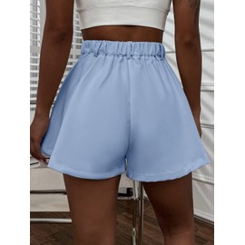 Floerns Women's Solid High Waisted Wide Leg Casual Pleated Shorts with Pocket Light Blue M