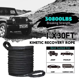 indusafe 1'' X 30FT Kinetic Recovery Tow Rope, 30800lbs Heavy Duty Offroad Snatch Strap