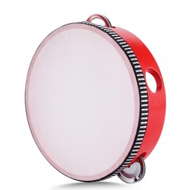 Flexzion Tambourine, Hand Drum with Handle, 15 cm, Moon Shape Musical Percussion Instrument, 1 Row Bell Ring with 4 Pairs of Metal Jingles, Drum Kit for KTV & Party, Red