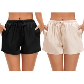 SWOMOG Women 2 Pack Stain Sleep Shorts Comfy PJ Short with Pockets Casual Pajama Shorts Lounge PJ Bottoms Black/Champagne