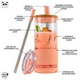 Pandaloo® Glass Cups With Lids and Straws -20 Fl Oz- Perfect Size Iced Coffee Cup - Smoothie Cup With Bamboo Lid and On the go Lid (Peach Fuzz, 1 Count (Pack of 1)