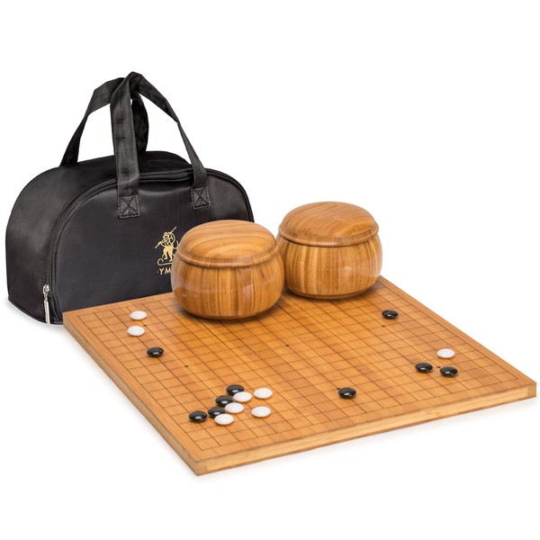 Yellow Mountain Imports Bamboo Etched Reversible 19x19 / 13x13 Go Game Set Board (0.8-Inch) with Double Convex Melamine Stones and Bamboo Bowls