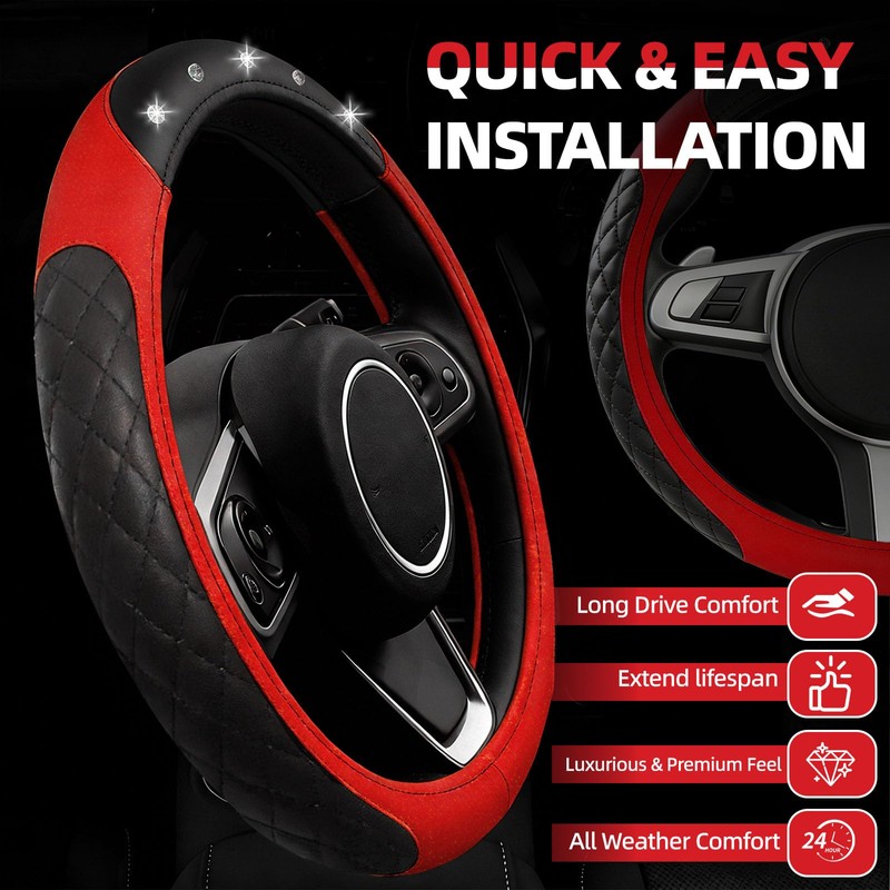NBTEPEM 6 PCS Bling Car Accessories Set, Leather Steering Wheel