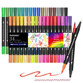 Piochoo Coloring Markers Pens, 34 Dual Tip Brush Pens, Fine Point Marker set for Kids Adult Coloring Book, Bullet Journaling, Drawing