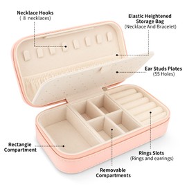 DesignSter Travel Jewelry Box, PU Leather Portable Jewelry Case, Small Jewelry Boxes for Gifts, Travel Jewelry Organizer for Women Rings Earrings Necklaces Bracelets (Dusty Pink)